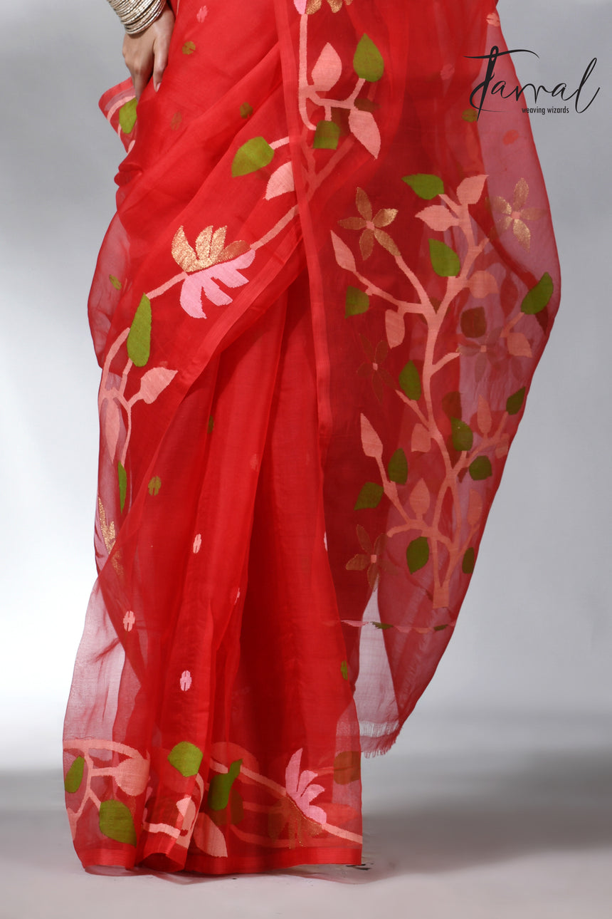 Red colour floral border muslin silk handwovn jamdani saree