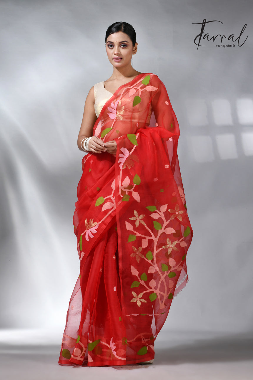 Red colour floral border muslin silk handwovn jamdani saree