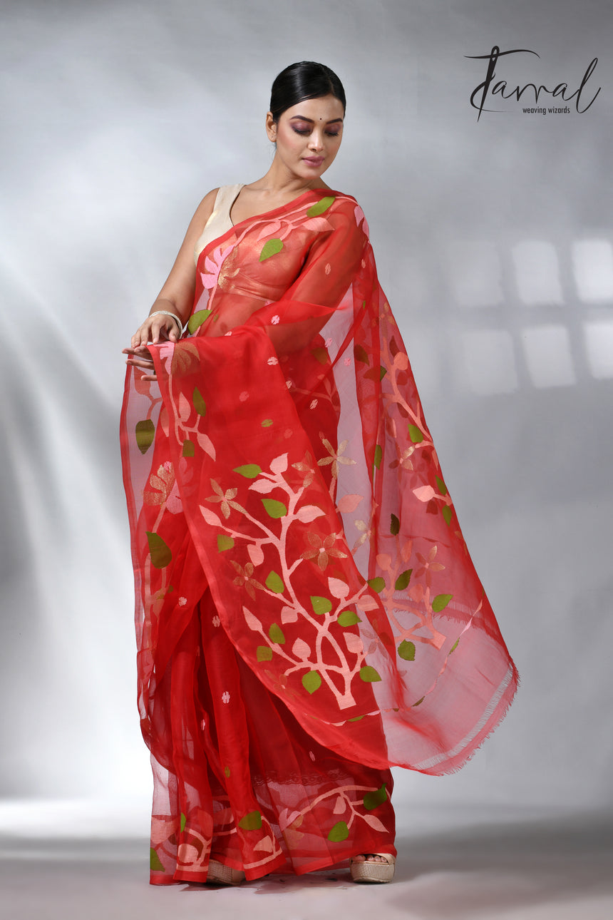 Red colour floral border muslin silk handwovn jamdani saree