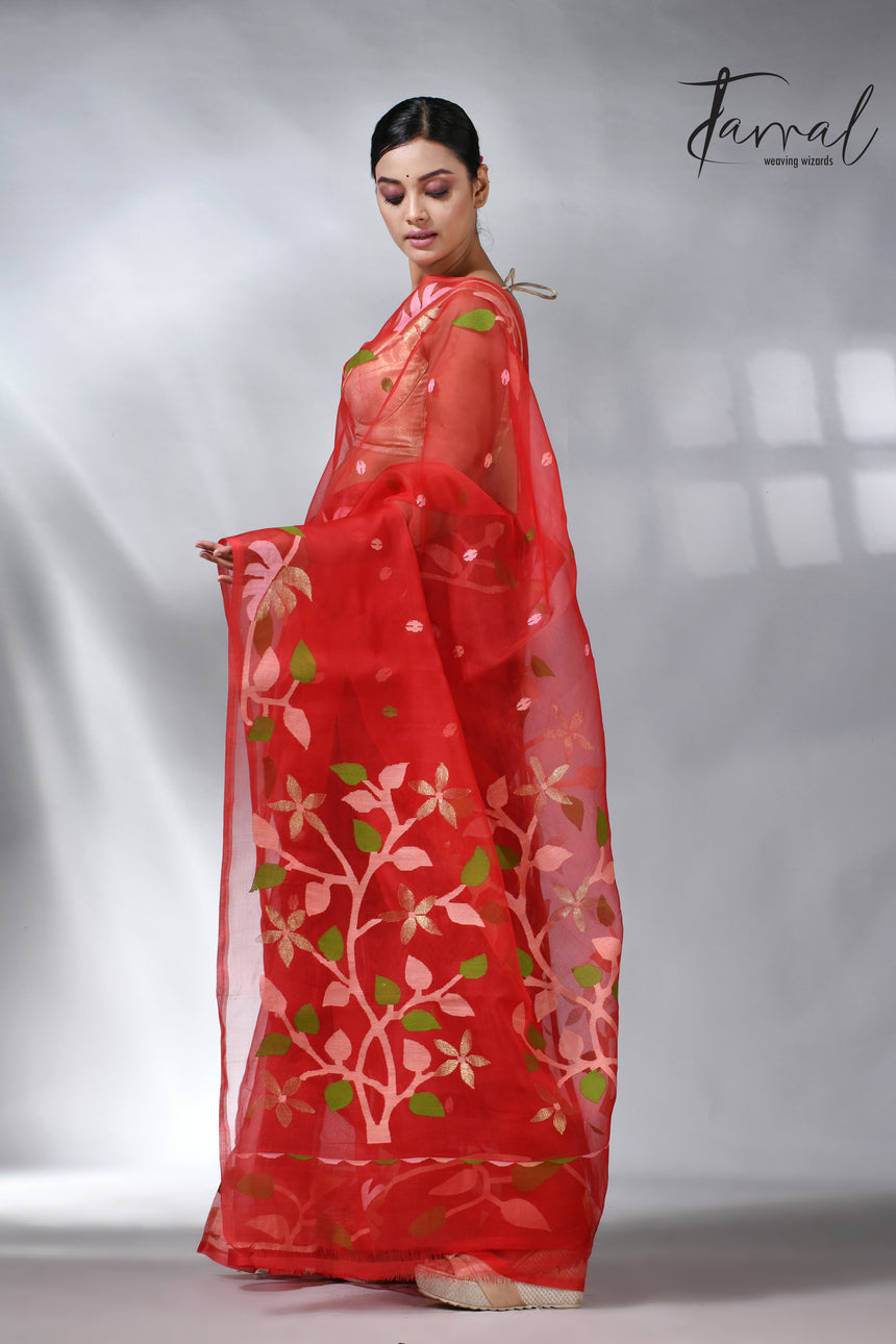 Red colour floral border muslin silk handwovn jamdani saree
