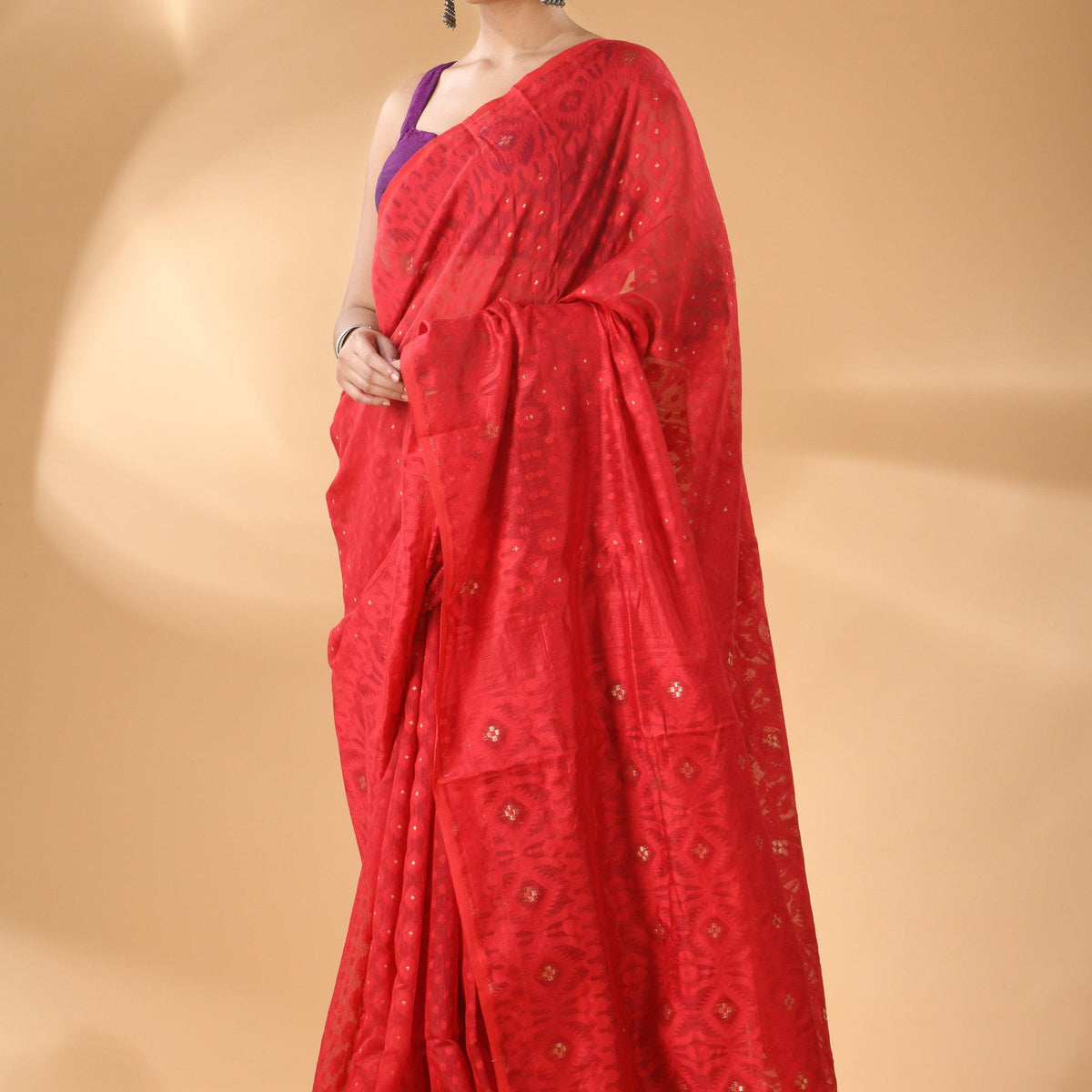 Handloom Chain Daimond Jamdani Saree - Red