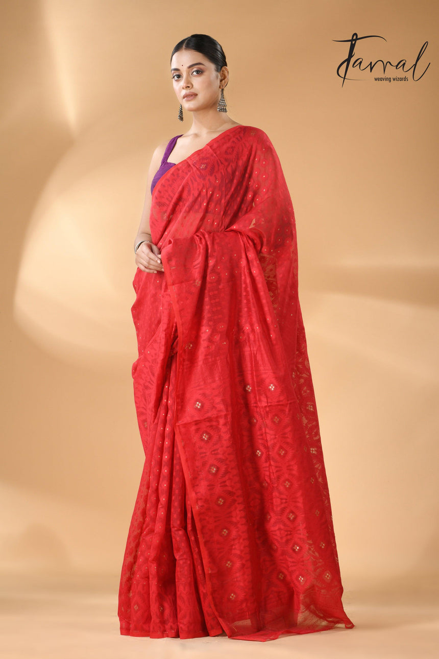 Red colour self soft dhaki handloom jamdani saree