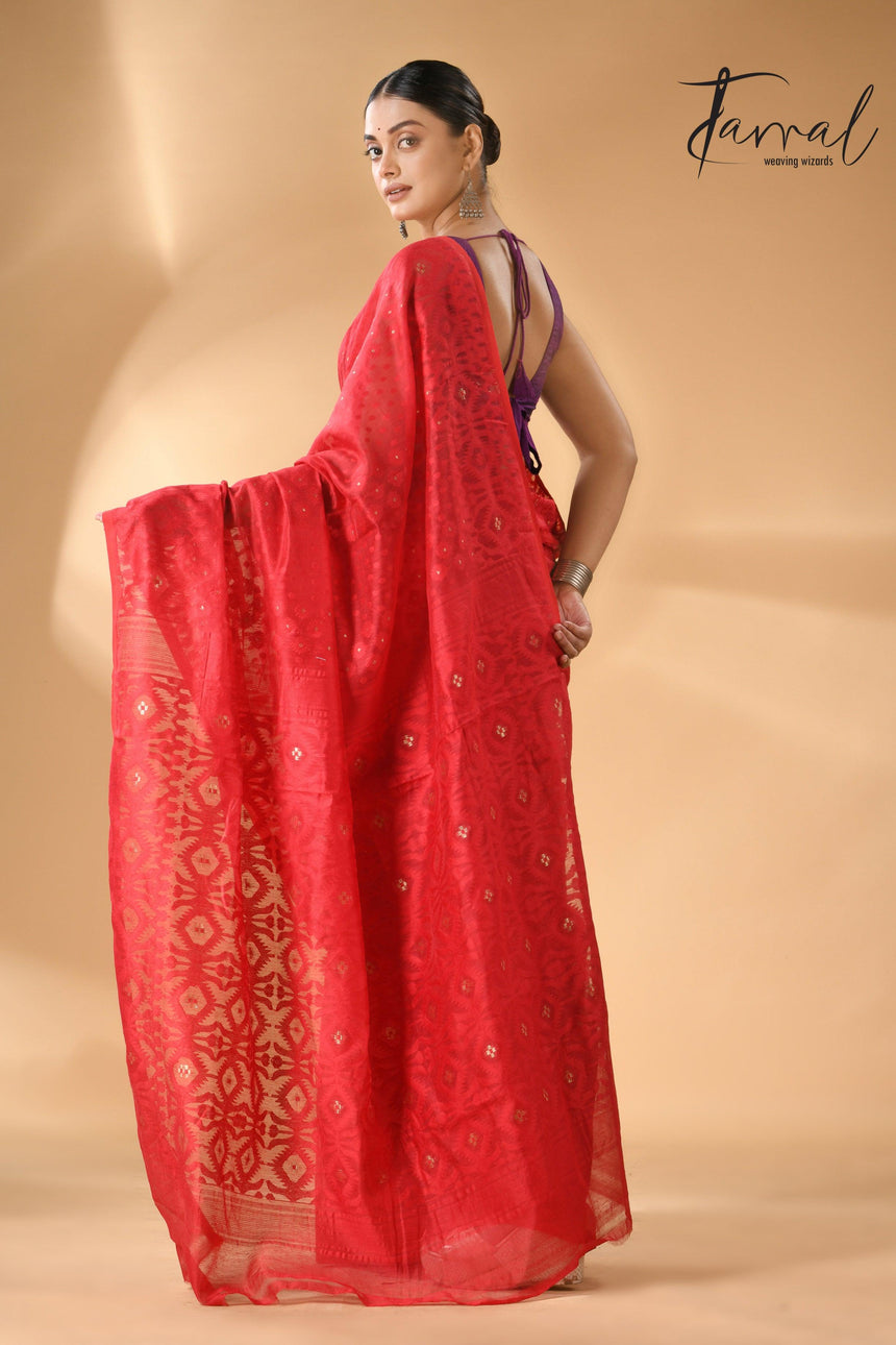 Red colour self soft dhaki handloom jamdani saree