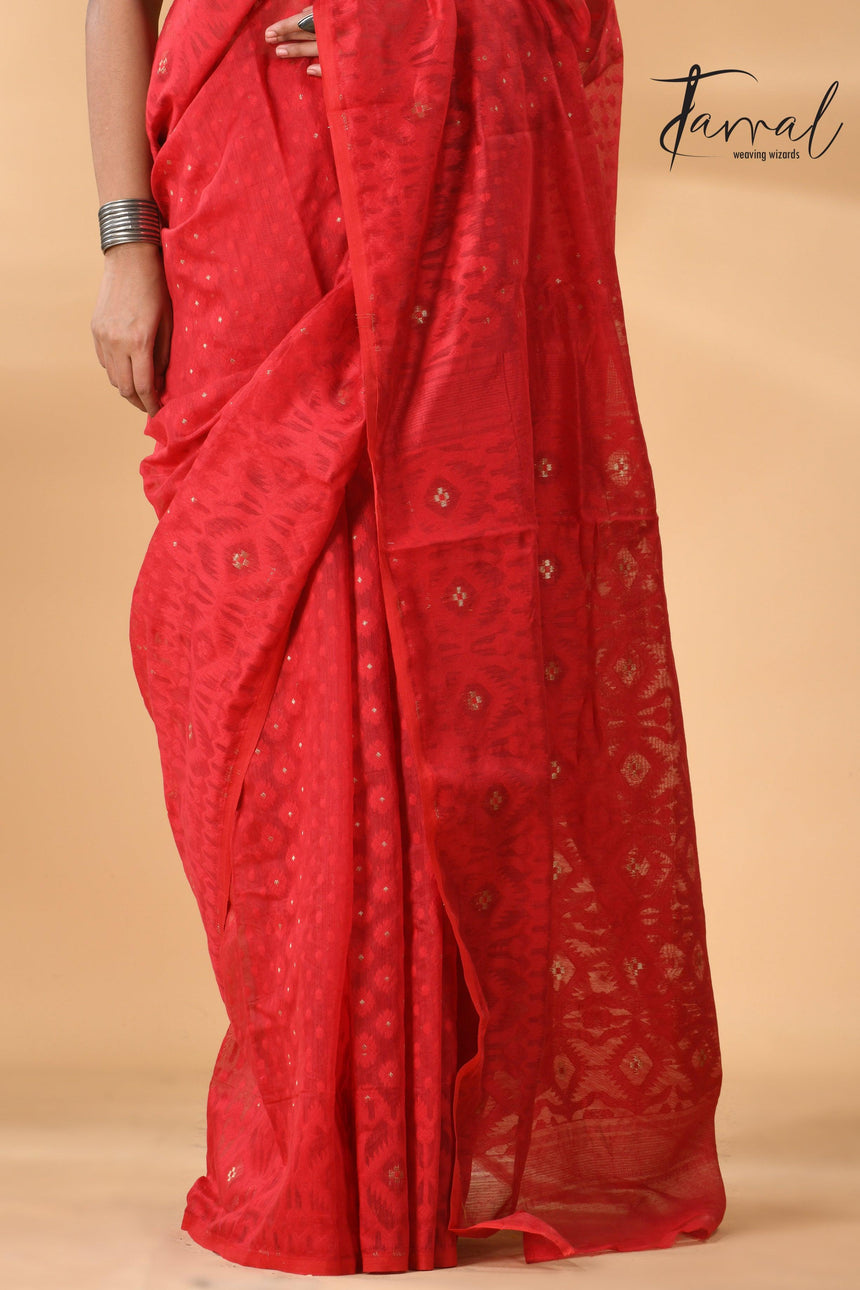 Red colour self soft dhaki handloom jamdani saree