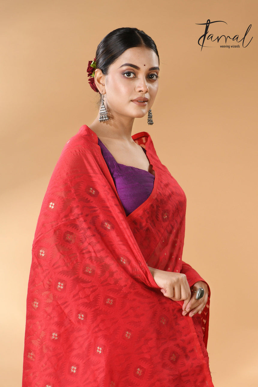 Red colour self soft dhaki handloom jamdani saree