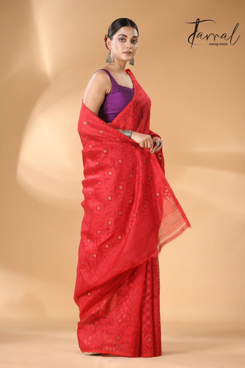 Red colour self soft dhaki handloom jamdani saree