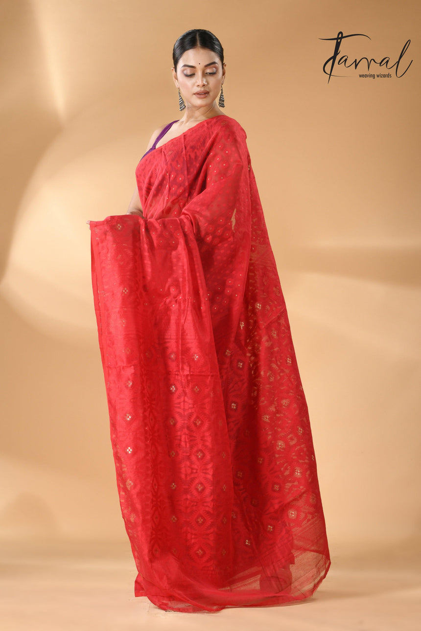 Red colour self soft dhaki handloom jamdani saree