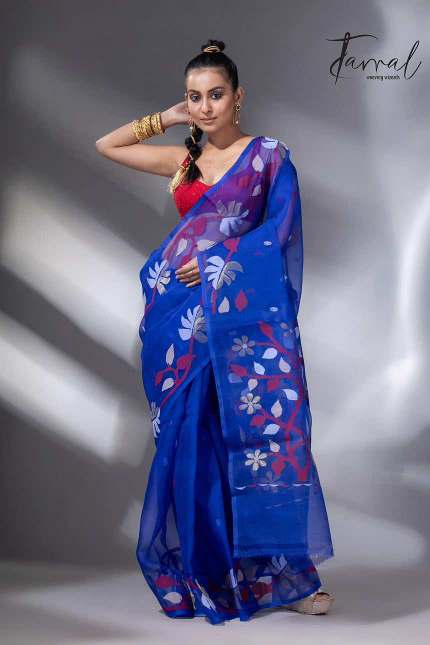 Red & golden floral border muslin silk handwoven jamdani saree