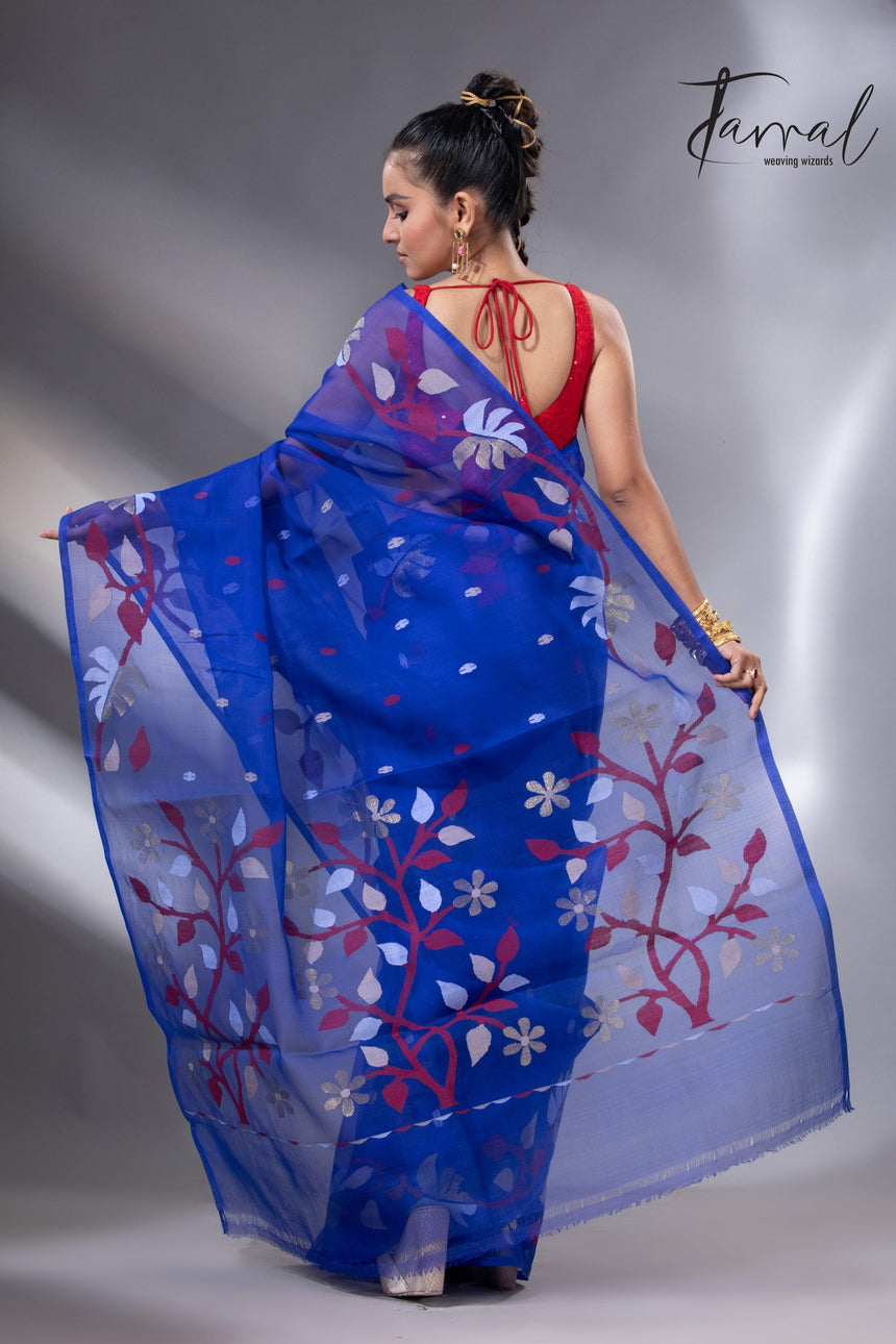 Red & golden floral border muslin silk handwoven jamdani saree back