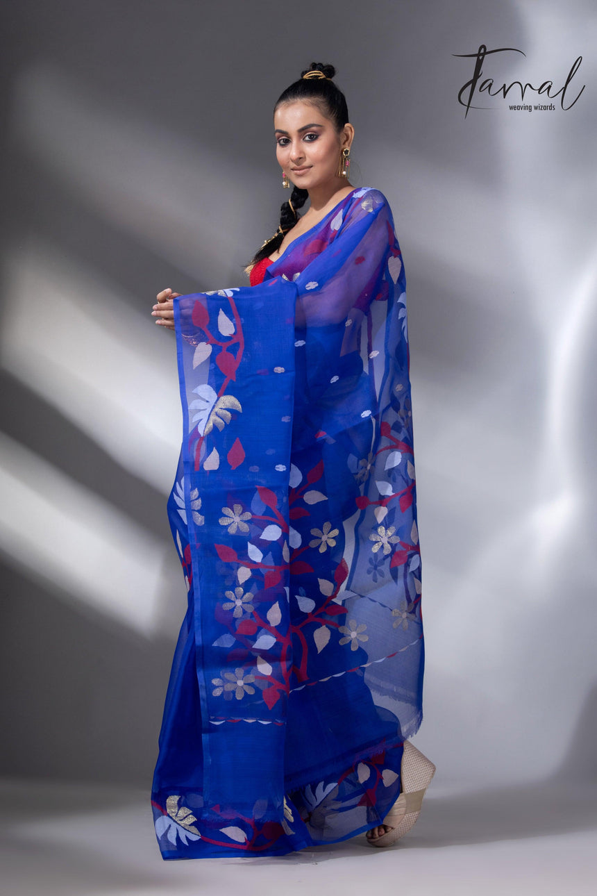 Red & golden floral border muslin silk handwoven jamdani saree left1