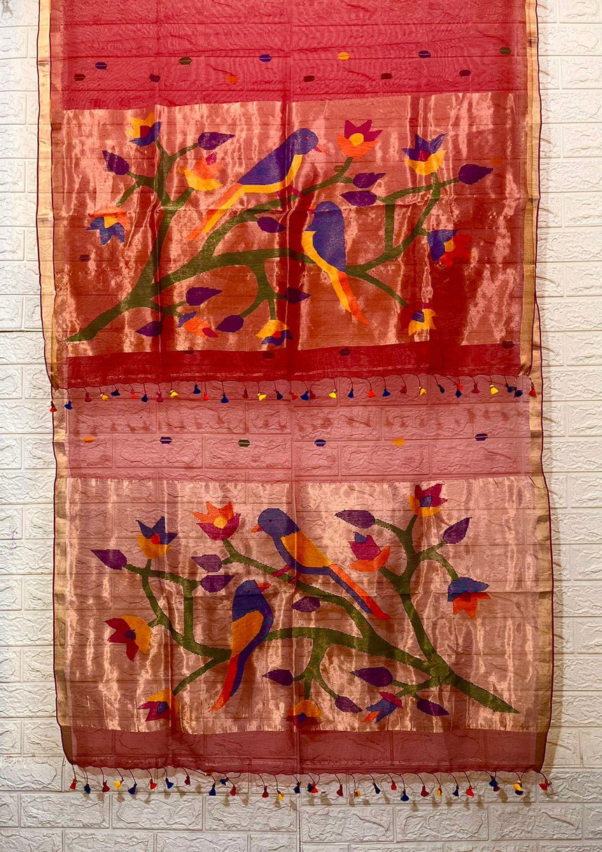 Red organza silk paithani dupatta with silk cotton Kutri set - Tamal Boutique