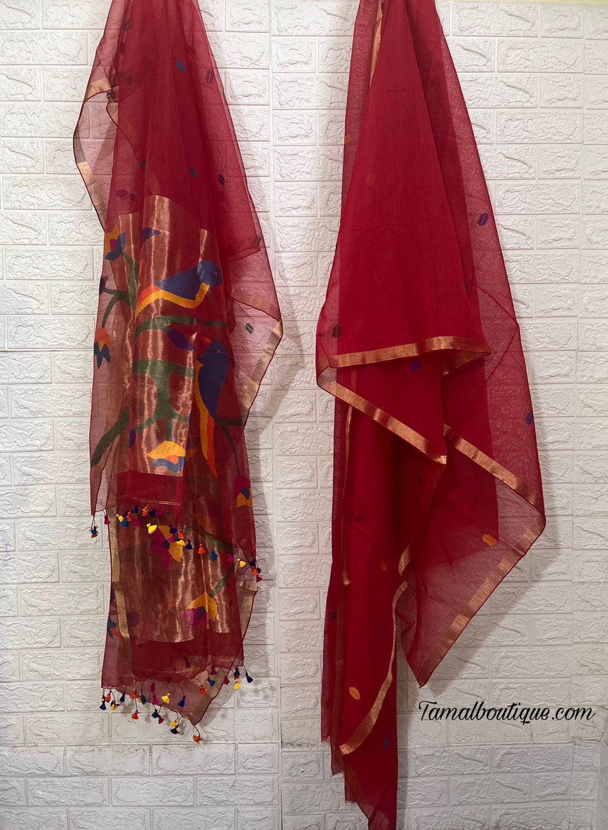 Red organza silk paithani dupatta with silk cotton Kutri set - Tamal Boutique