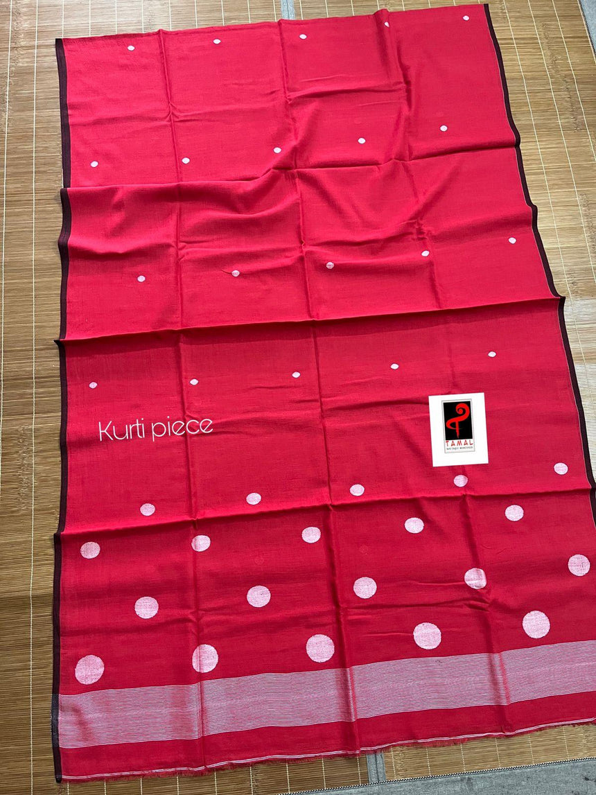 Red with white colour palka dot cotton handwoven jamadani kurti & dupatta set - Tamal Boutique