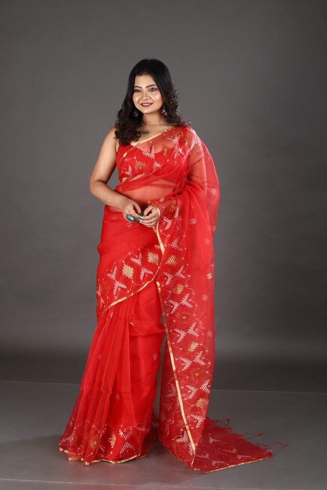 Red with golden border organza silk traditonal handwoven jamdani saree - Tamal Boutique