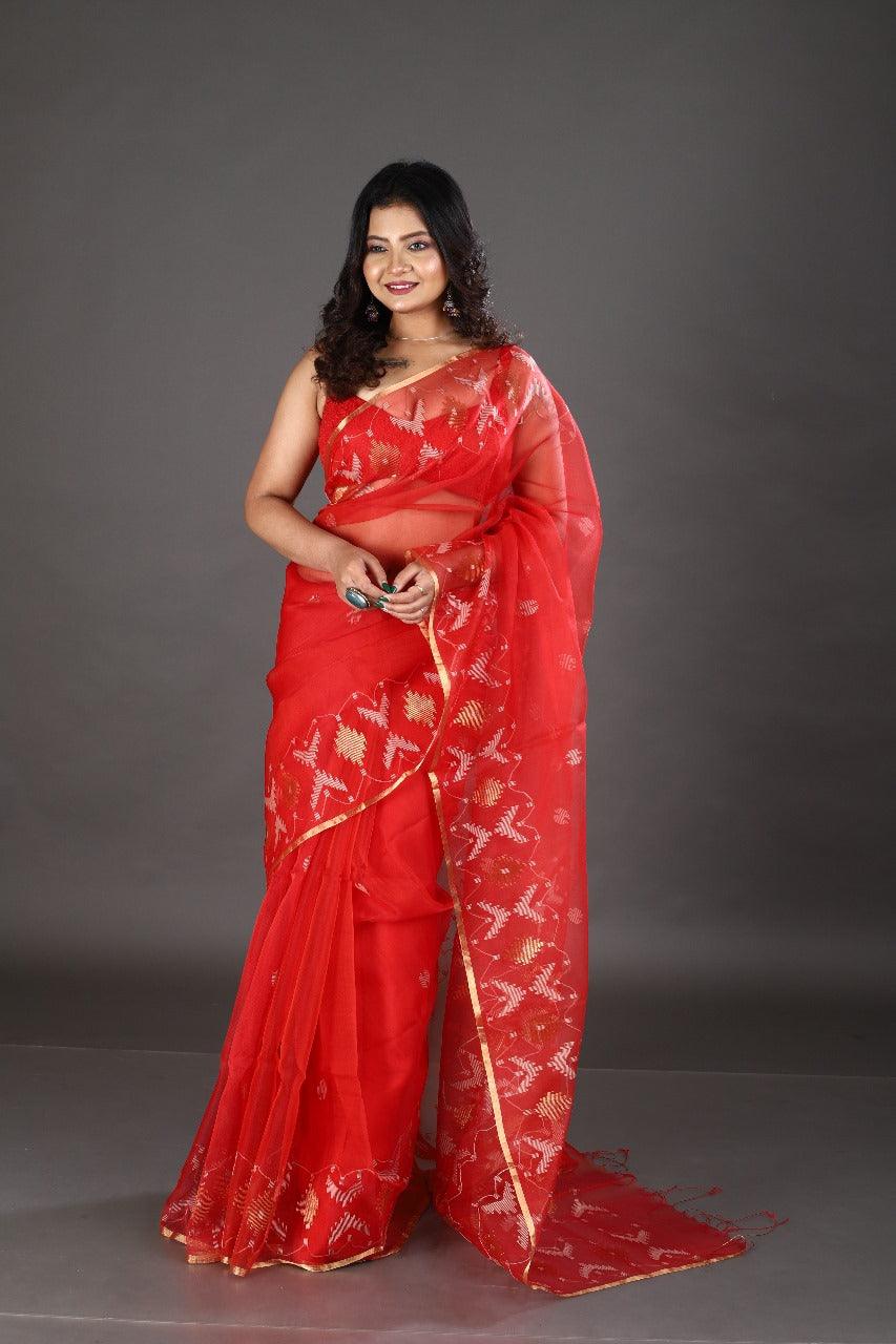 Red with golden border organza silk traditonal handwoven jamdani saree - Tamal Boutique