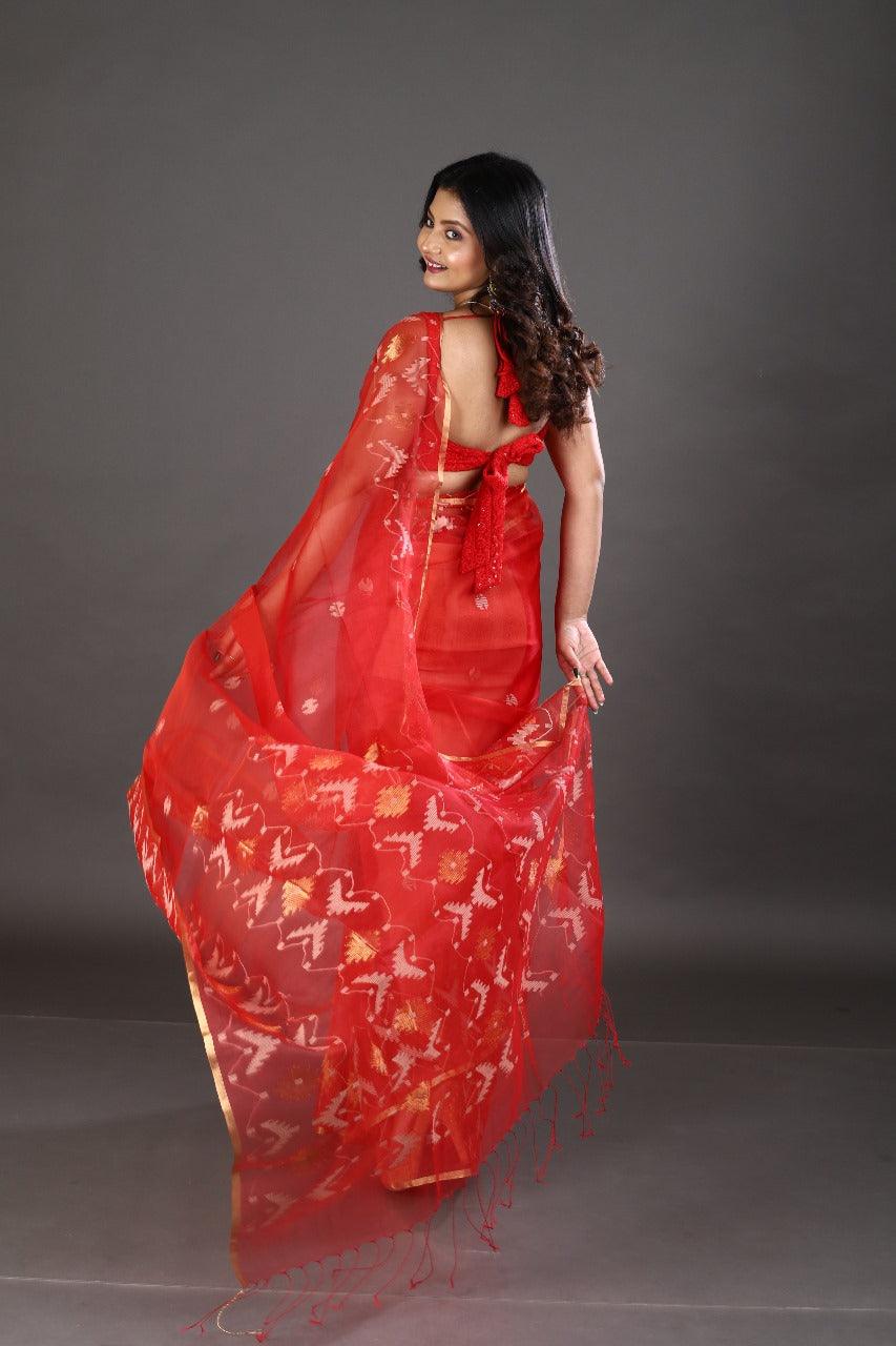 Red with golden border organza silk traditonal handwoven jamdani saree - Tamal Boutique