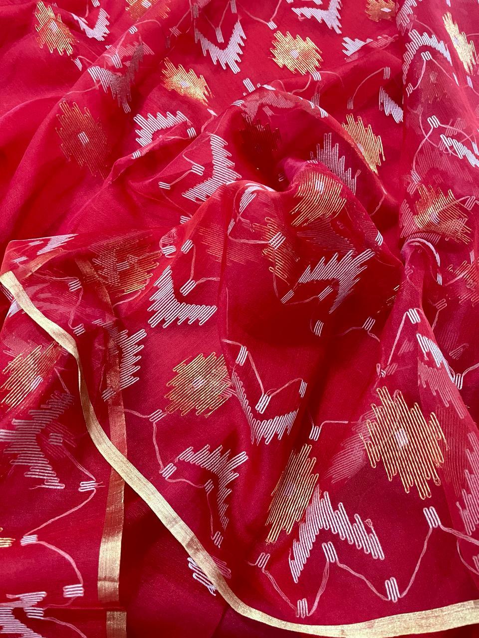 Red with golden border organza silk traditonal handwoven jamdani saree - Tamal Boutique
