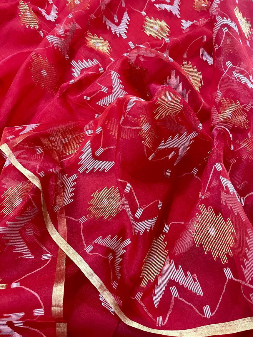 Red with golden border organza silk traditonal handwoven jamdani saree - Tamal Boutique
