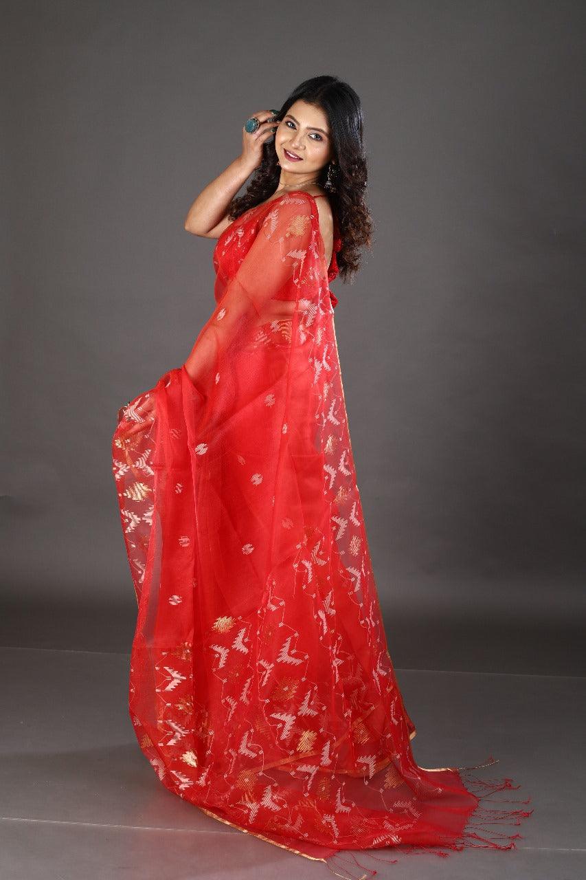 Red with golden border organza silk traditonal handwoven jamdani saree - Tamal Boutique