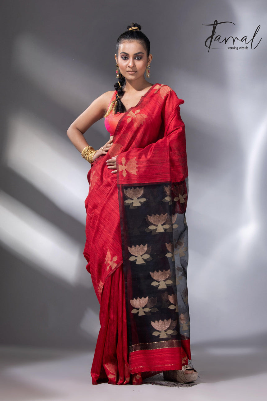 Red with black golden lotus matka silk handwoven jamdani saree - Tamal Boutique