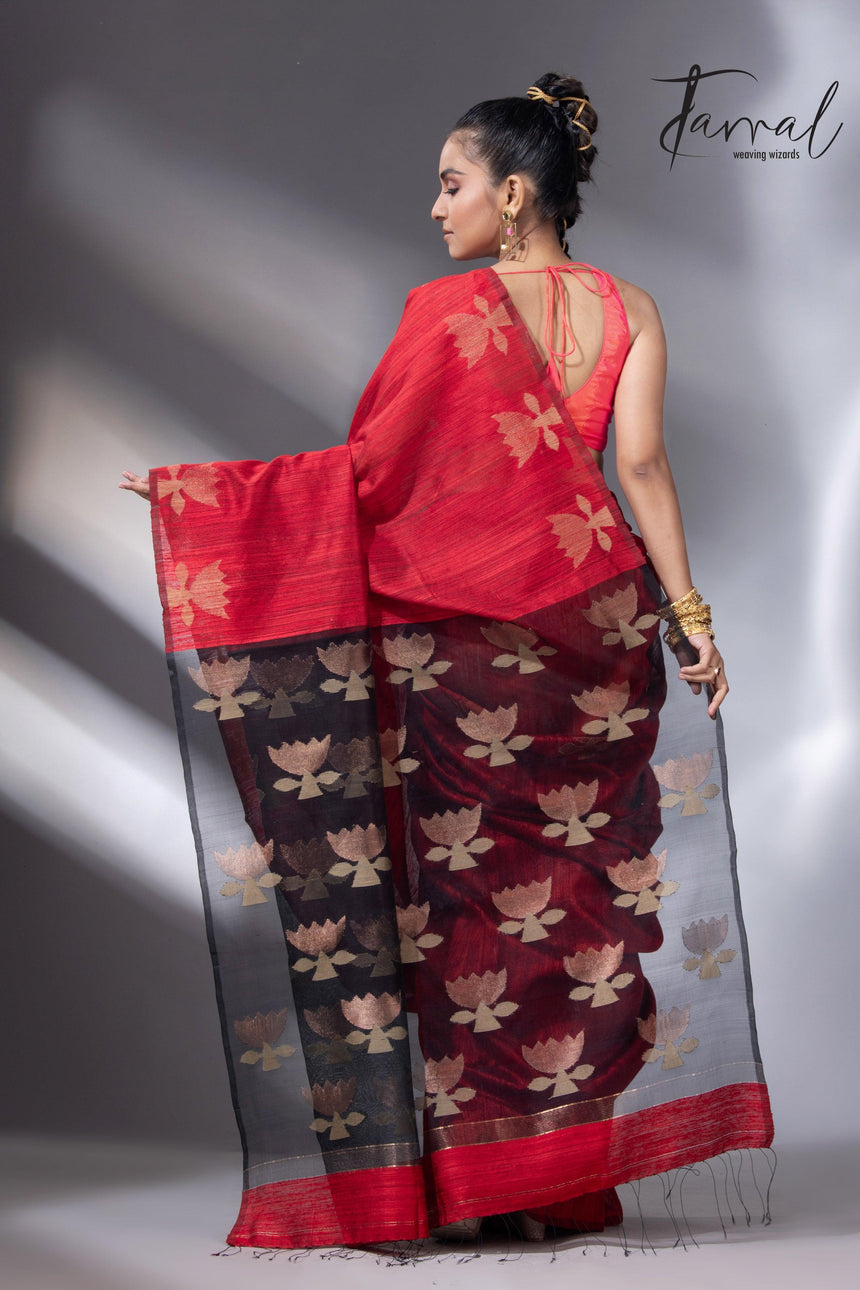 Red with black golden lotus matka silk handwoven jamdani saree - Tamal Boutique