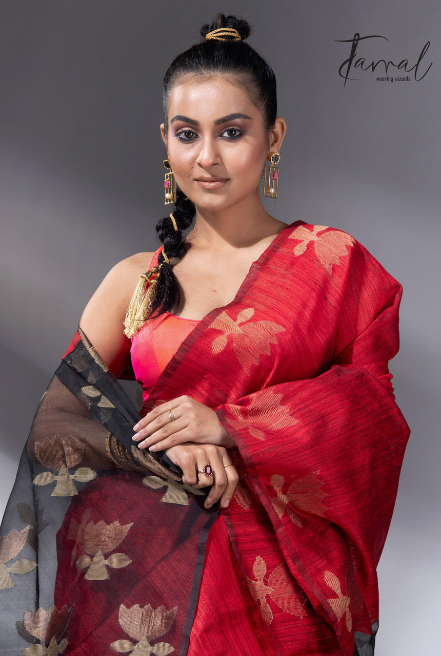 Red with black golden lotus matka silk handwoven jamdani saree - Tamal Boutique