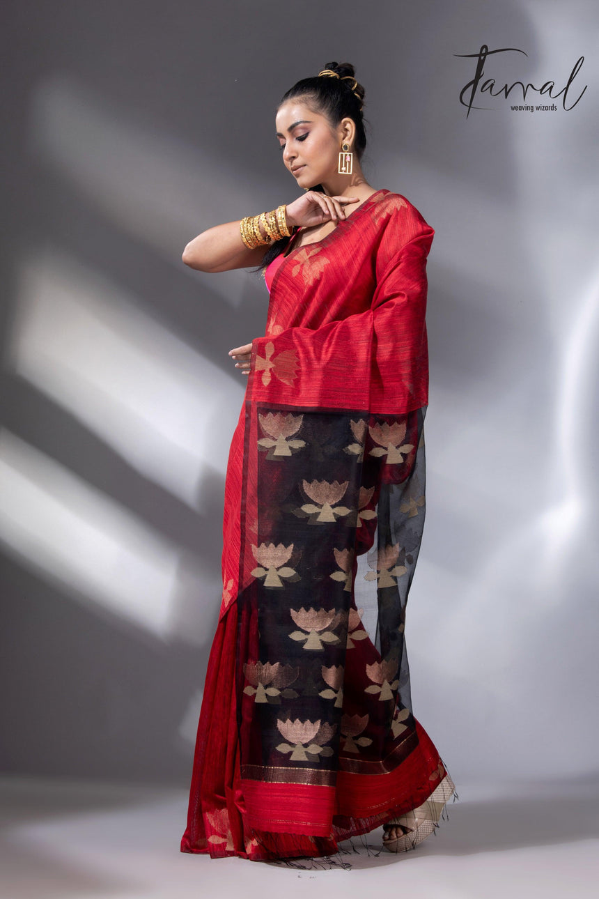 Red with black golden lotus matka silk handwoven jamdani saree - Tamal Boutique