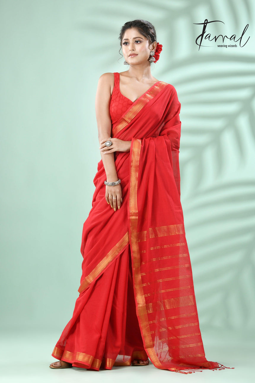 Red with golden zari border pure mul cotton handloom saree