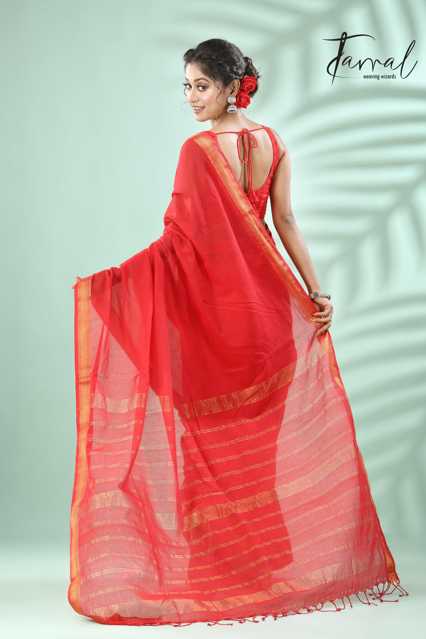Red with golden zari border pure mul cotton handloom saree