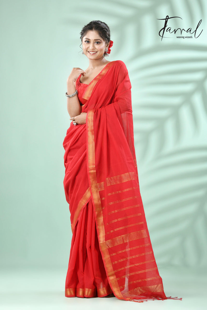 Red with golden zari border pure mul cotton handloom saree