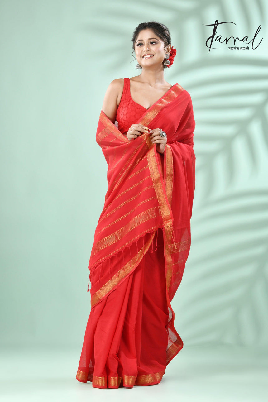 Red with golden zari border pure mul cotton handloom saree