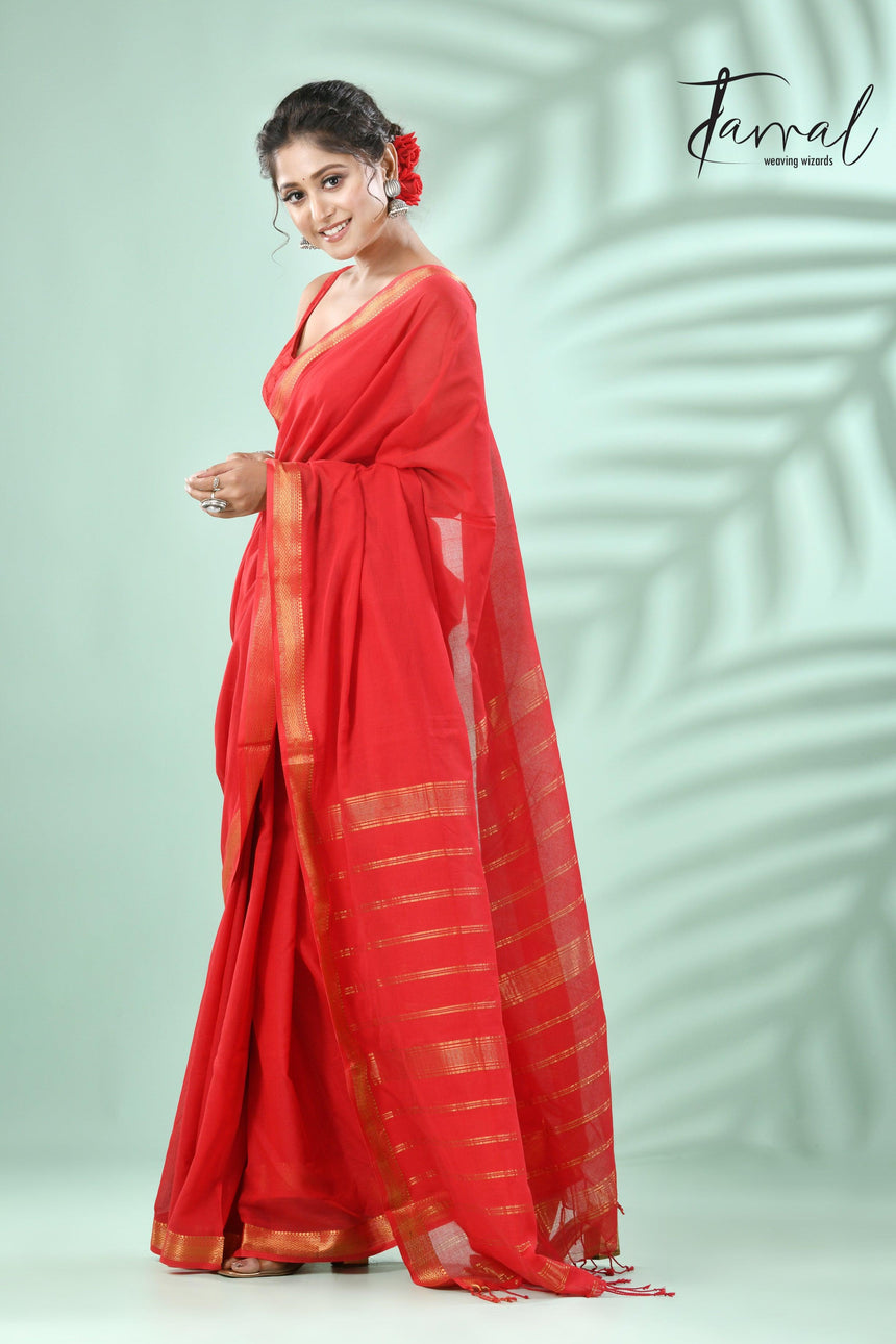 Red with golden zari border pure mul cotton handloom saree
