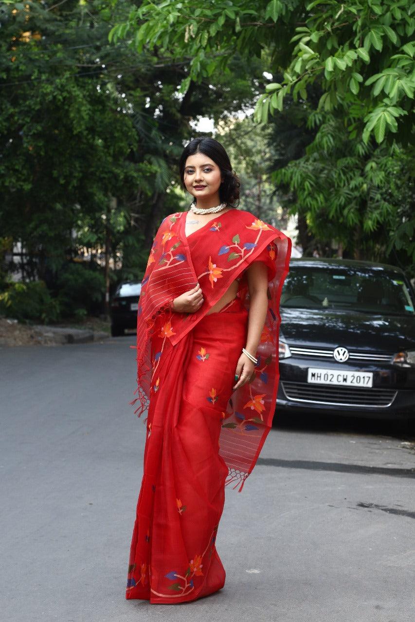 Red with multi colour muslin silk handwoven jamdani saree - Tamal Boutique