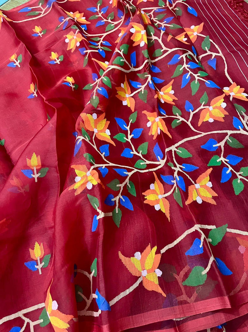 Red with multi colour muslin silk handwoven jamdani saree - Tamal Boutique