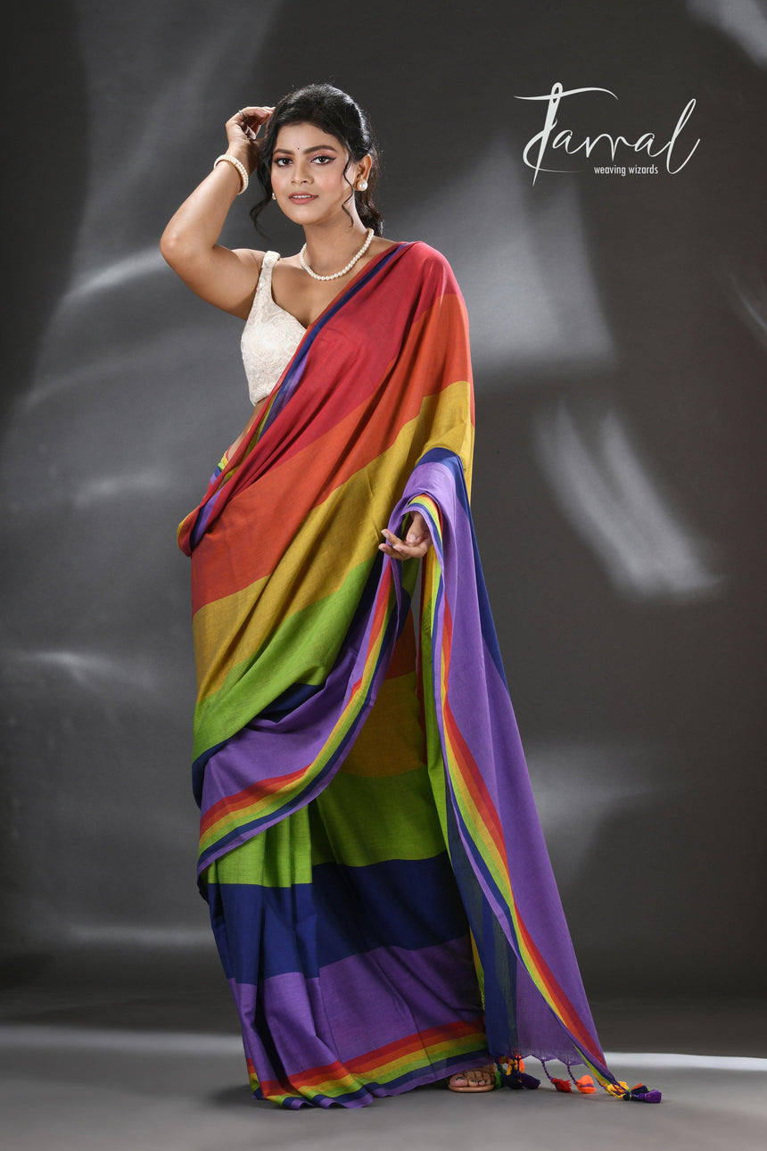 Red with multicolour pure mul cotton handloom saree