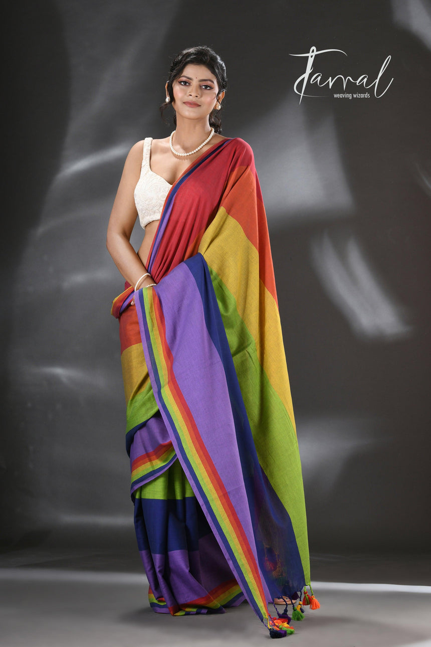 Red with multicolour pure mul cotton handloom saree