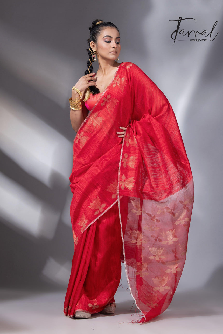Red with silver zari border golden lotus matka silk handwoven jamdani saree - Tamal Boutique