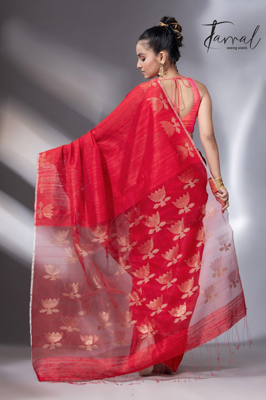 Red with silver zari border golden lotus matka silk handwoven jamdani saree - Tamal Boutique