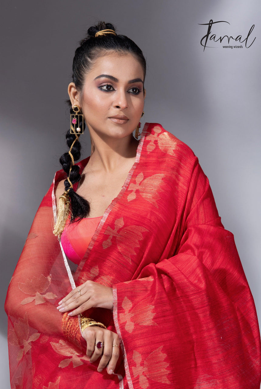 Red with silver zari border golden lotus matka silk handwoven jamdani saree - Tamal Boutique