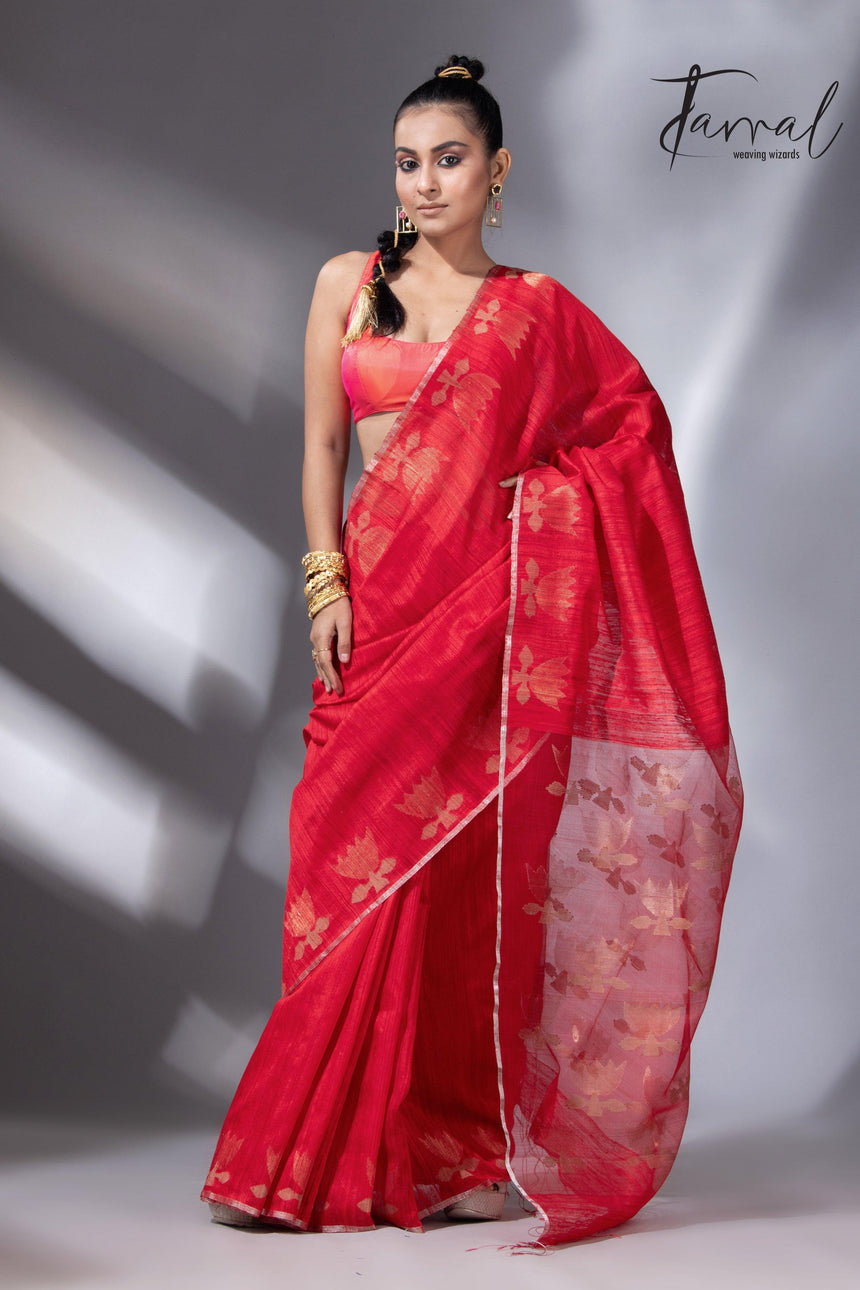 Red with silver zari border golden lotus matka silk handwoven jamdani saree - Tamal Boutique