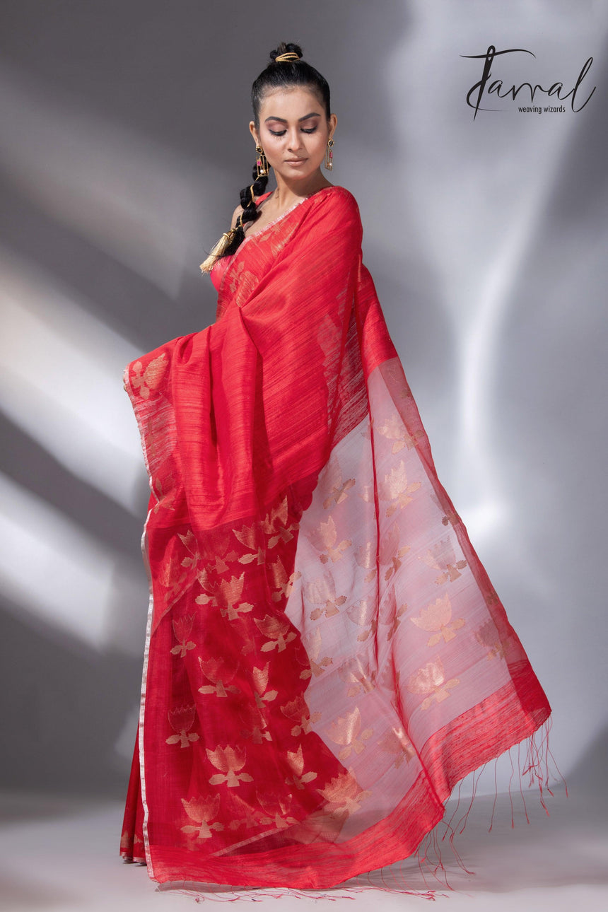 Red with silver zari border golden lotus matka silk handwoven jamdani saree - Tamal Boutique