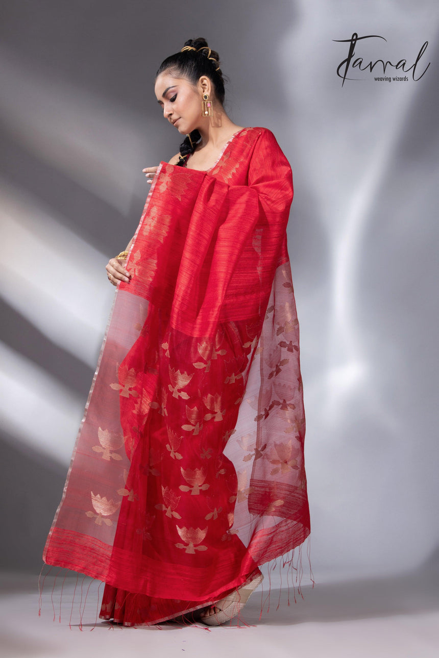 Red with silver zari border golden lotus matka silk handwoven jamdani saree - Tamal Boutique