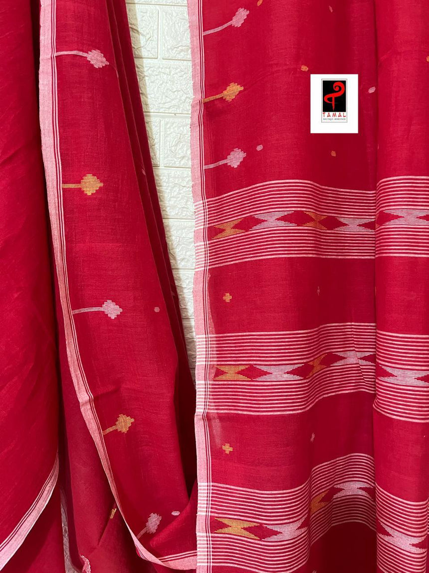 Red with white border pure cotton handwoven jamdani saree