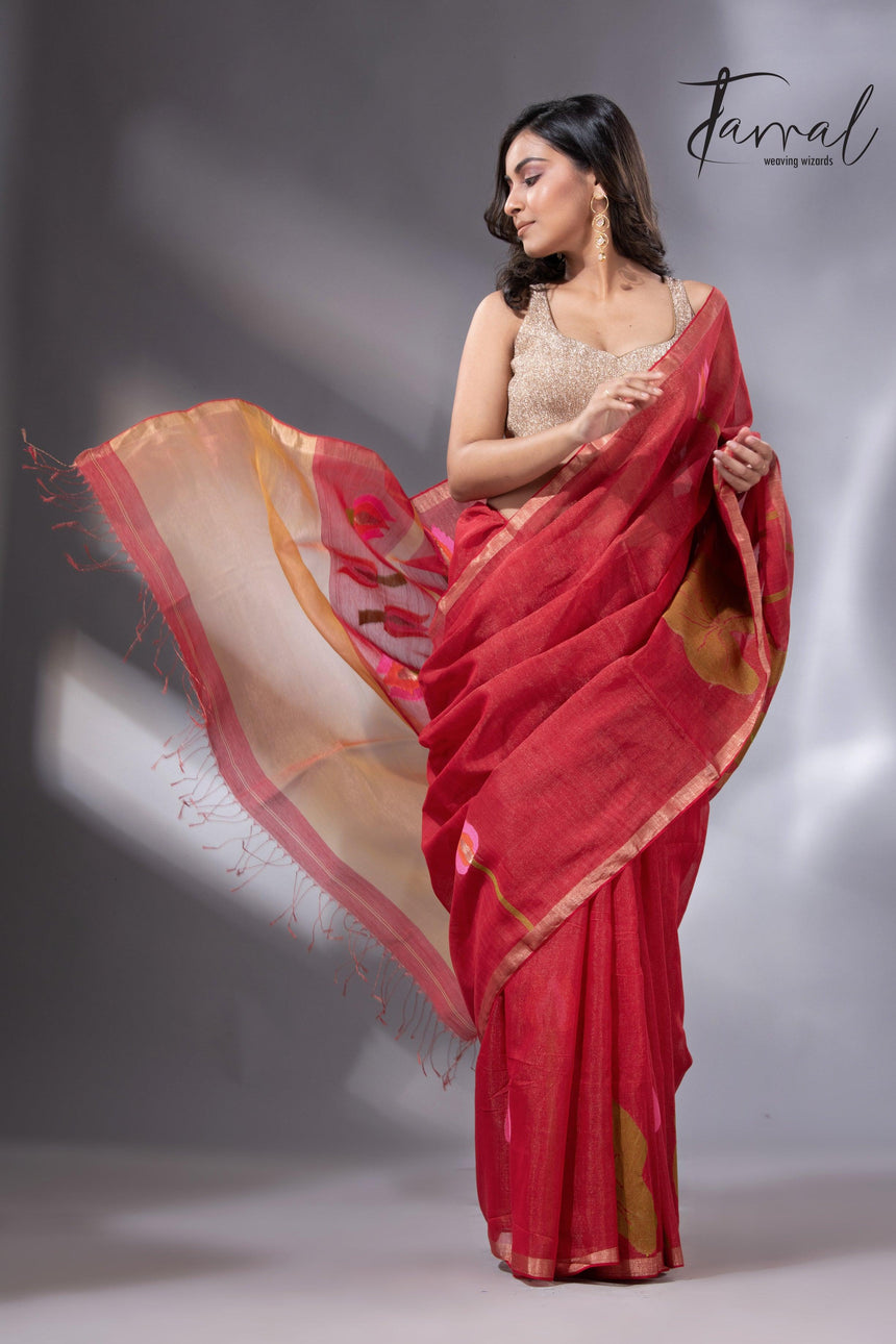 Red with zari border tissue silk linen lotus handwoven jamdani saree - Tamal Boutique