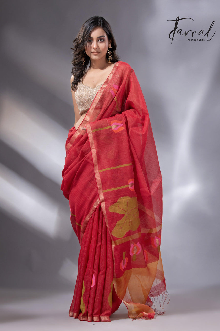 Red with zari border tissue silk linen lotus handwoven jamdani saree - Tamal Boutique