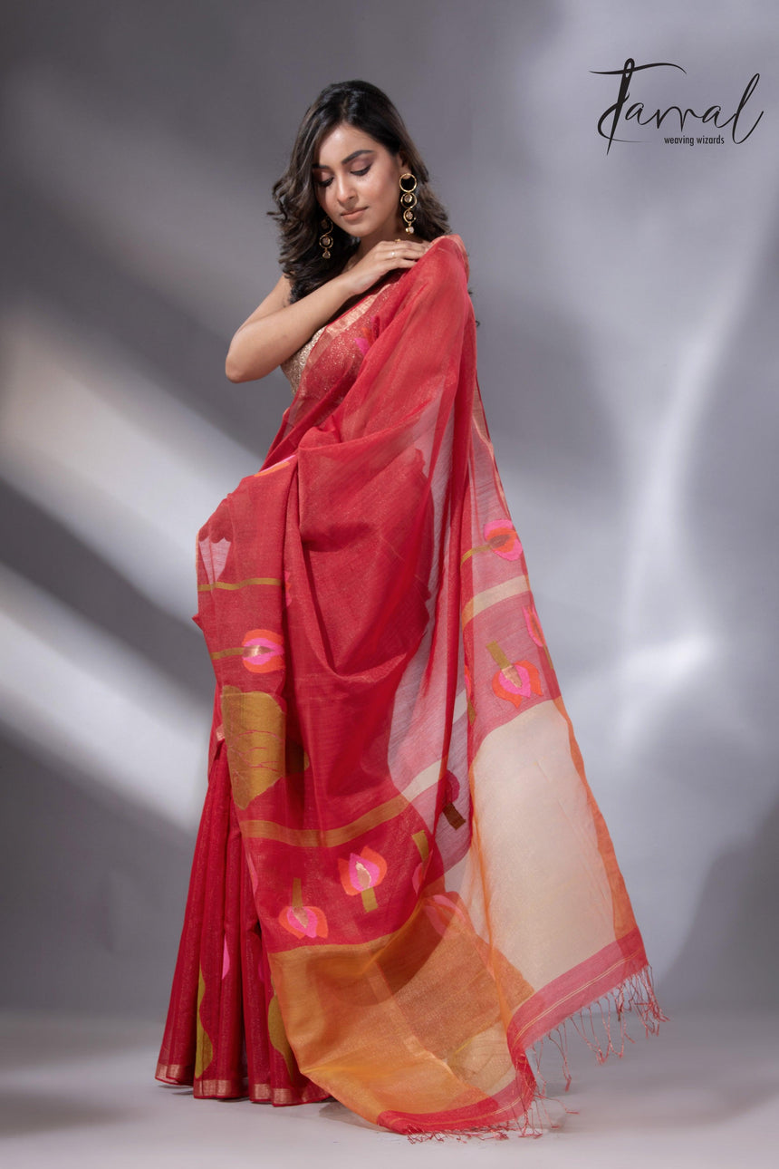 Red with zari border tissue silk linen lotus handwoven jamdani saree - Tamal Boutique