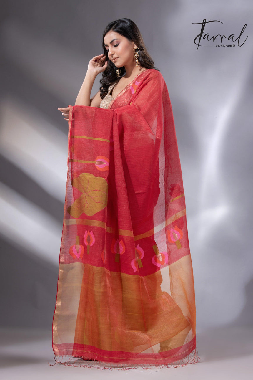 Red with zari border tissue silk linen lotus handwoven jamdani saree - Tamal Boutique