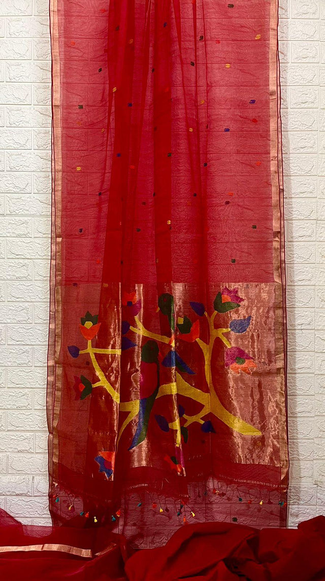 Red colour with zari border love bird pure organza silk paithani handwoven jamdani saree - Tamal Boutique