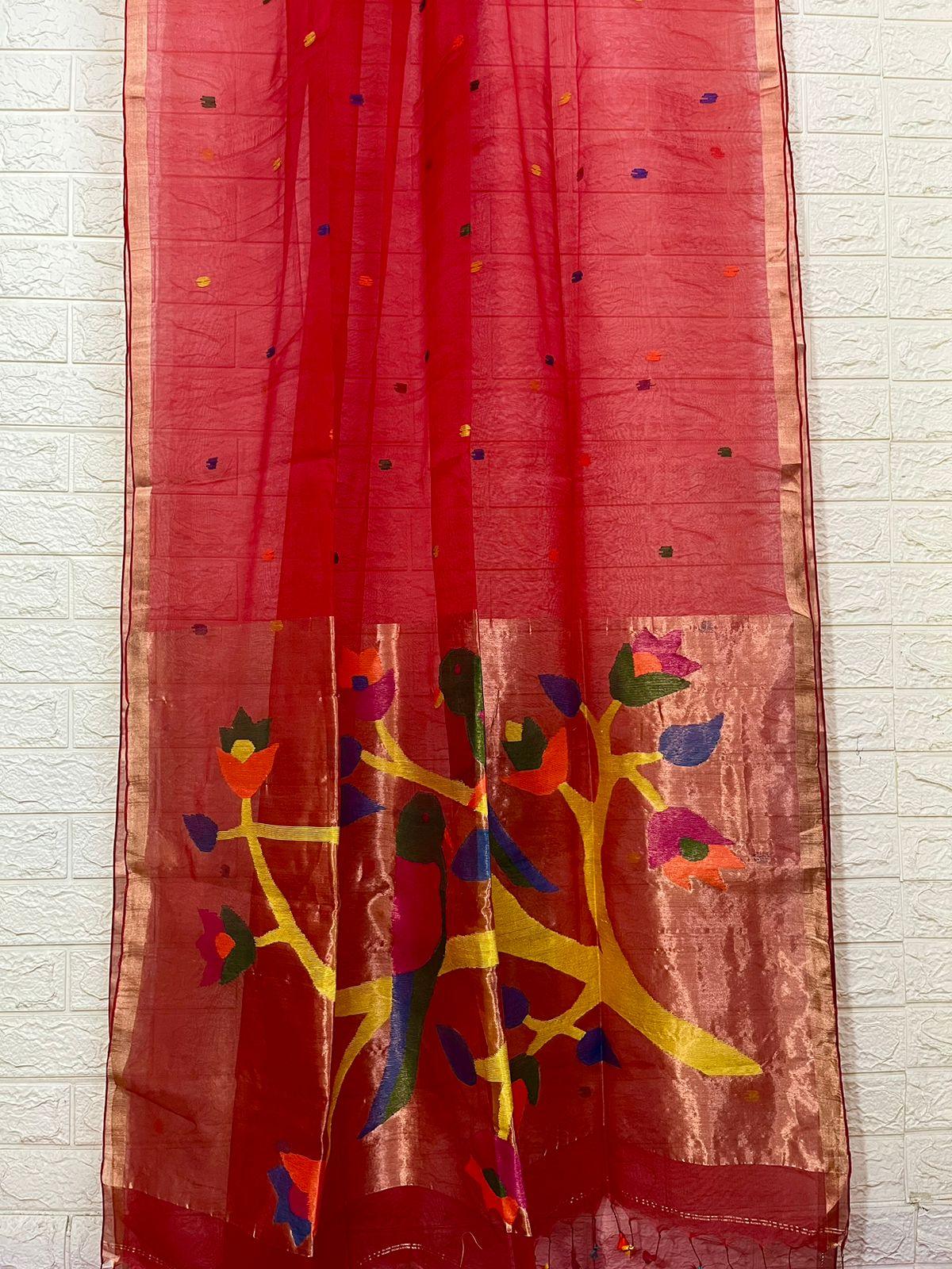 Red colour with zari border love bird pure organza silk paithani handwoven jamdani saree - Tamal Boutique