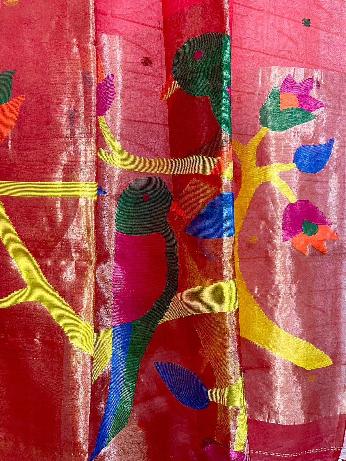 Red colour with zari border love bird pure organza silk paithani handwoven jamdani saree - Tamal Boutique